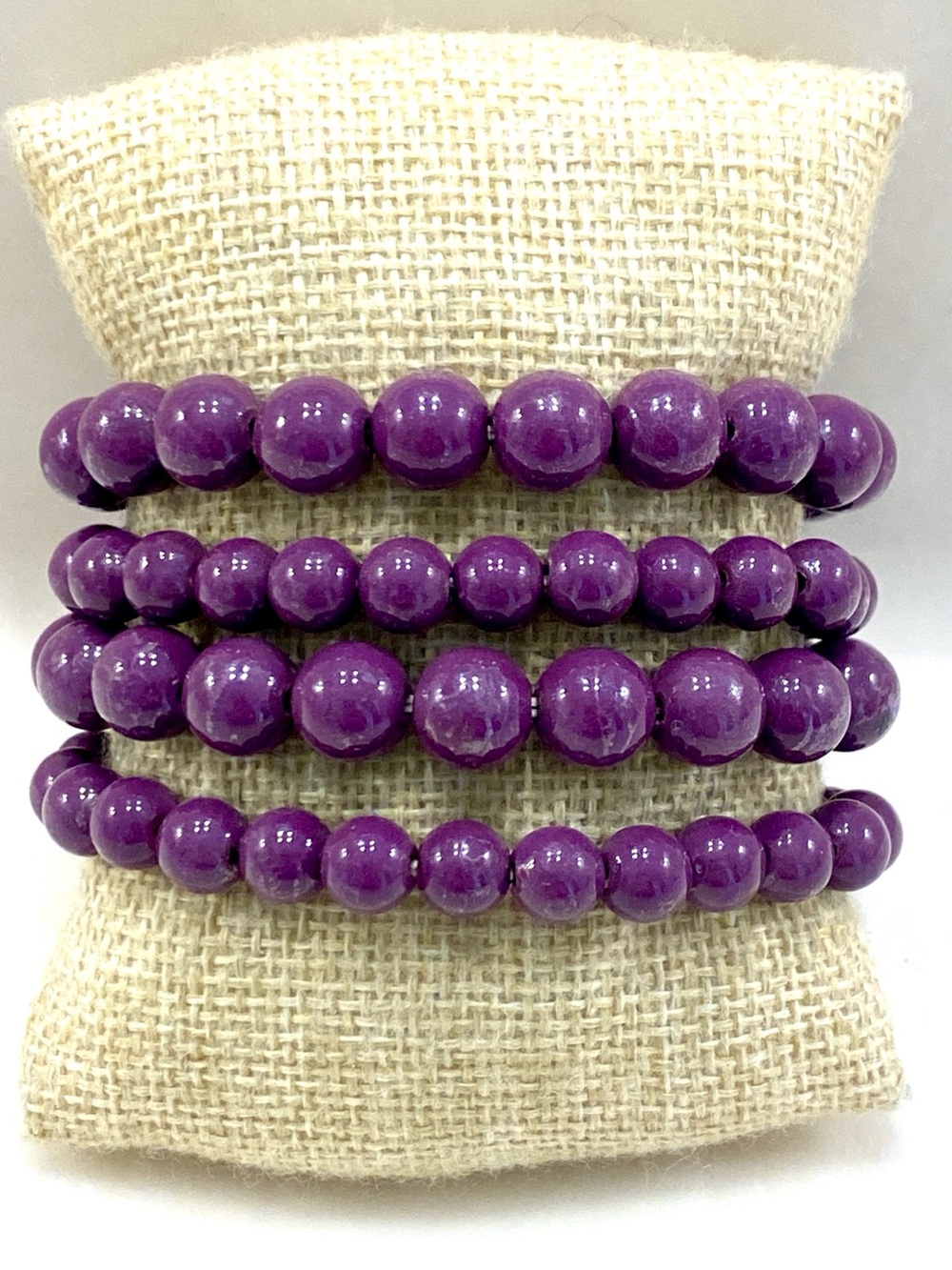 Vintage Deep Purple Amethyst Hue Round Bead Comfort Stretch Bracelet Stack 4pc